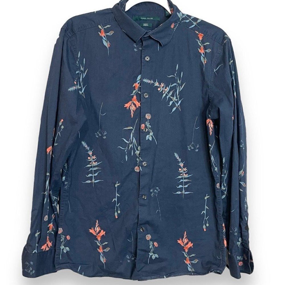 Perry Ellis Button Up Shirt Mens Medium Slim Fit Blue Floral Stretch Casual Top